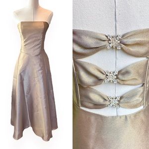 Vintage Scott McClintock Gold Strapless Dress w/ Rhinestone Cut Out Back size 4